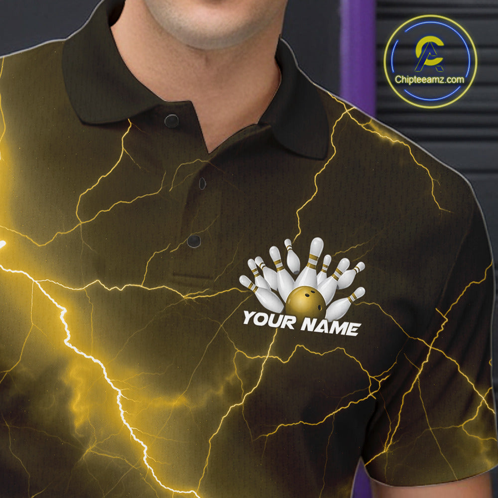 Left chest close-up of a bowling polo featuring a yellow cobra, bowling ball, and pin motif with lightning styling.