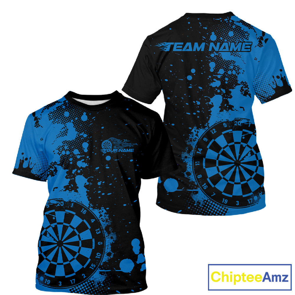 Custom Black And Blue Splatter Dartboard Dart T-Shirts For Men, Grunge Dart Team Jerseys IPHW9958