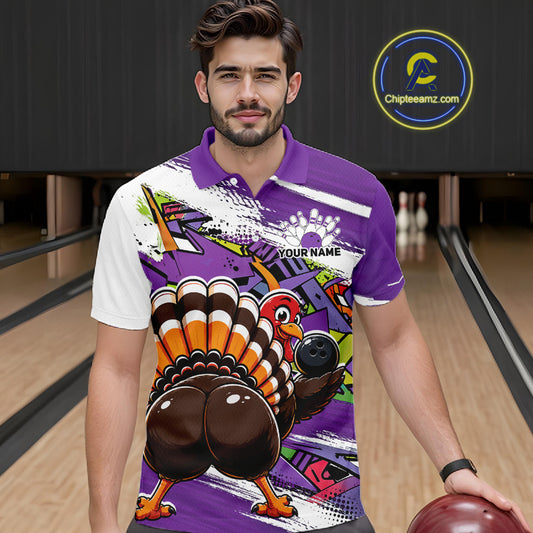 Front view of a male model wearing a purple custom bowling polo shirt featuring a funny graffiti style turkey holding a bowling ball, paint splatter details, and a custom name in a bowling alley.