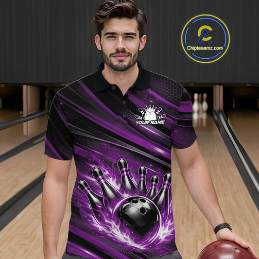 Male model wearing a black and purple bowling polo shirt at a bowling lane with flaming bowling strike graphics and modern stripe details.
