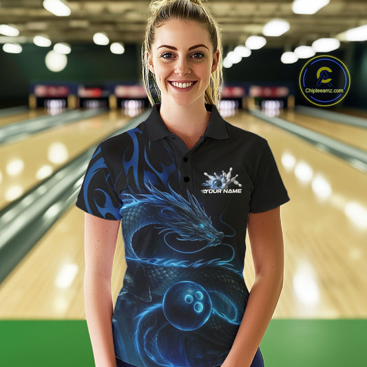 Custom Blue Tribal Flame Dragon Bowlin Team Women Polo Shirt, Dragon Bowling Jerseys IPHW10229