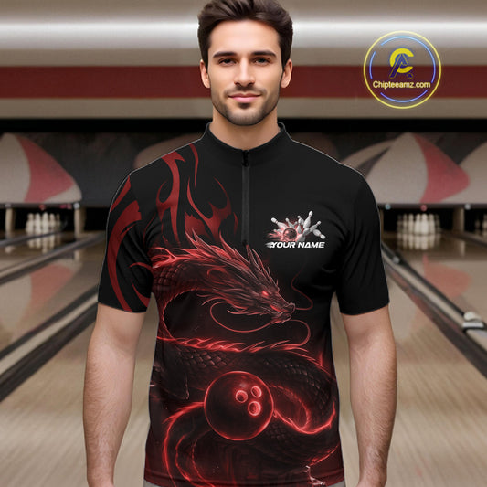 Custom Red Tribal Flame Dragon Bowlin Team Men Quarter-Zip Shirt, Dragon Bowling Jerseys IPHW10230