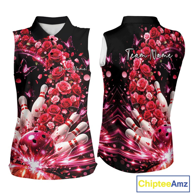 Custom Beautiful Red Roses And Butterfly Women Bowling Team Shirt, Bowling League Shirt IPHW10888