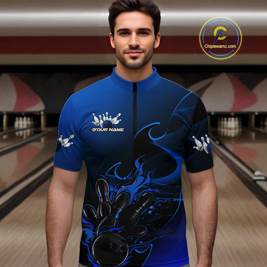 Custom Black And Blue Flame Bowling Team Men Quarter-Zip Shirt, Bowling Tournament Shirt IPHW9871