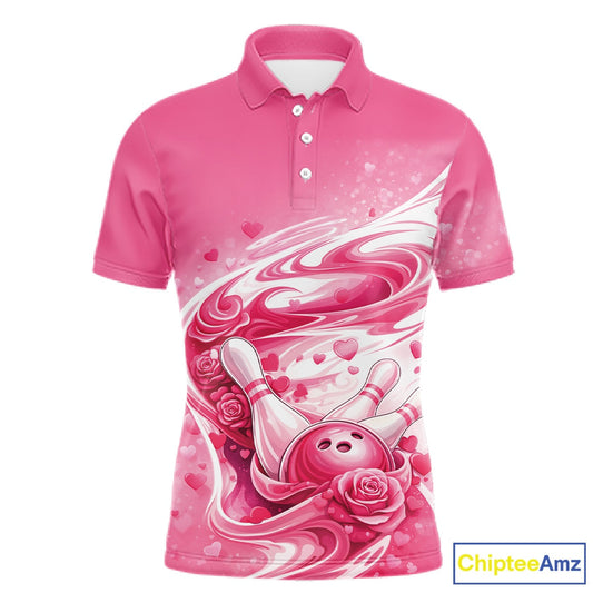 Custom Pink Heart Valentine Bowling Couples Shirt, Heart And Roses Bowling Husband And Wife Gifts With Name IPHW10518