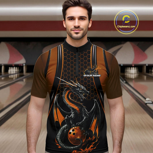 Custom Black And Orange Flame Dragon Bowling Jerseys, Dragon Bowling Team Men Quarter-Zip Shirt IPHW9906