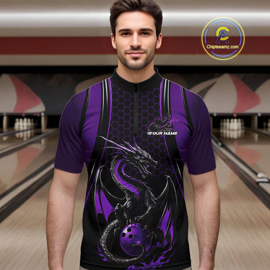 Custom Black And Purple Flame Dragon Bowling Jerseys, Dragon Bowling Team Men Quarter-Zip Shirt IPHW9907