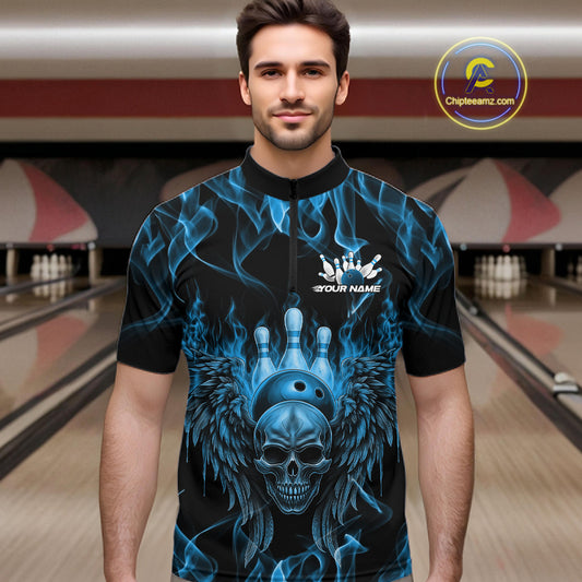 Custom Black And Blue Flame Skull With Wings Men Bowling Shirt, Halloween Team Shirt IPHW10166