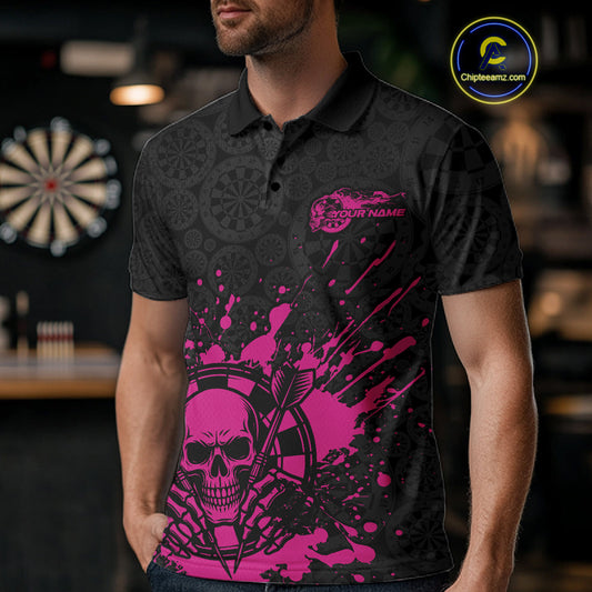 Custom Black And Pink Splatter Dart Skull Men Polo Shirt, Dart Bone Halloween Team Jerseys IPHW9949