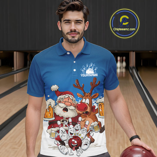 Custom Blue Funny Christmas Men Bowling Shirts, Bowling And Beer Xmas Party Shirt IPHW10205