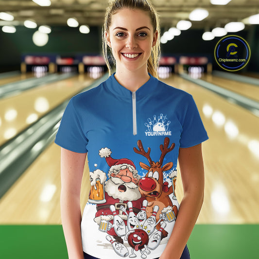 Custom Blue Funny Christmas Women Bowling Shirts, Bowling And Beer Xmas Party Shirt IPHW10205