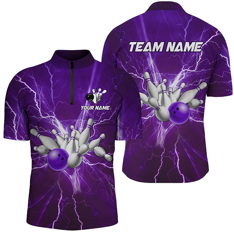 Men's bowling Quarter Zip shirts Custom purple lightning thunder Bowling Team Jersey, gift for Bowlers NQS7395