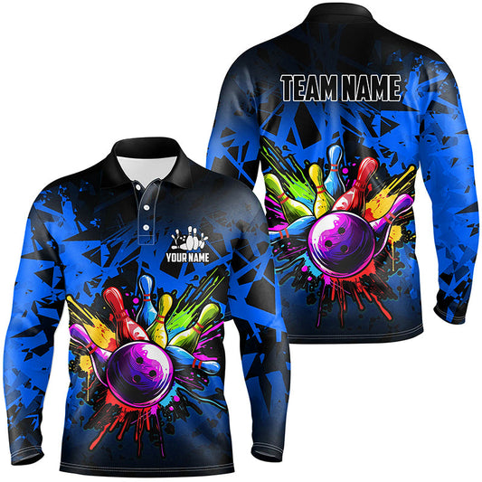 Colorful bowling jerseys Polo, 1/4 Zip Shirt for Men Custom Bowling Team shirts for bowler | Blue NQS8880