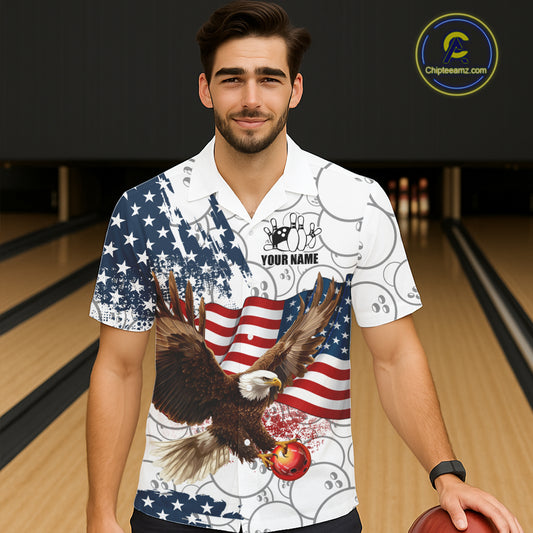 Red, White, Blue American Flag Eagle Bowling Hawaiian shirt Custom Patriotic Camo Bowling Team Jersey NQS11192