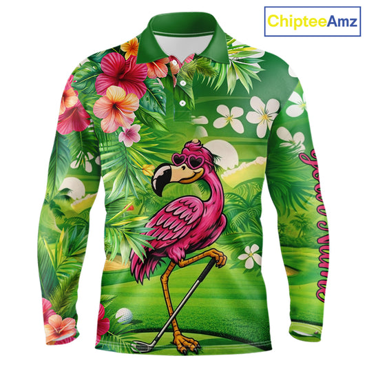 Personalized Green tropical flower flamingo golf shirt for Men custom team golf shirts NQS11399
