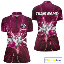 Load image into Gallery viewer, Women's Bowling Shirts Custom Pink Lightning Thunder Bowling Team Jersey, gift for team Bowlers NQS10603