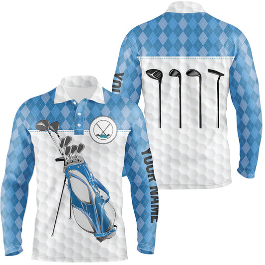 Golf bag clubs custom polo golf shirt for men, blue argyle pattern mens golf tops NQS4652