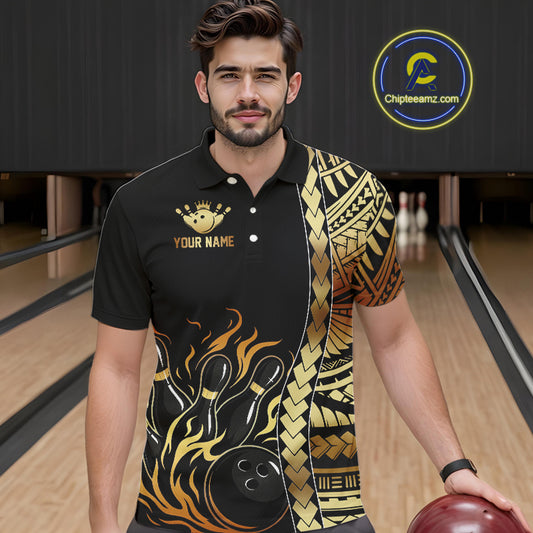 Custom Black And Gold Flame tribal pattern Bowling Team Polo, 1/4 Zip Shirts For Men, Bowling Jerseys NQS10093