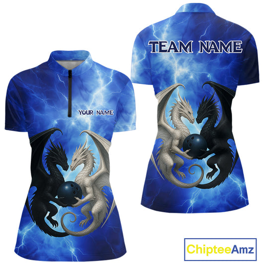 Black & White Dragon Blue Lightning Thunder Custom Bowling Shirt For Women, Dragon Bowling Team Shirt NQS10627