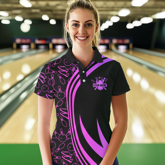 Black Women bowling shirts Custom Pink neon team league bowling jerseys, gifts for bowlers NQS9668