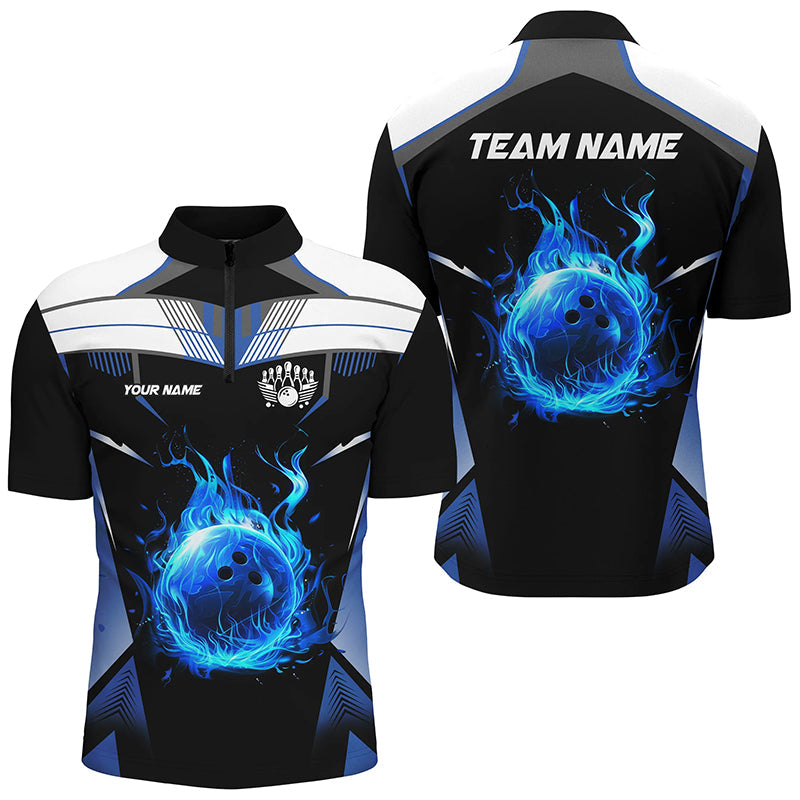 Black and white blue flame bowling ball Team league jerseys custom Men Bowling Shirts, bowling gifts NQS8230