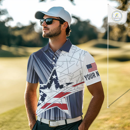 Personalized Red, White and Blue American Flag Star Golf Camo polo shirts for men, unique golf gifts NQS9960