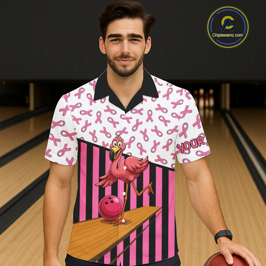 Pink ribbon pattern funny flamingo Bowling Hawaiian Shirt Custom breast cancer Team bowling outfit NQS11245