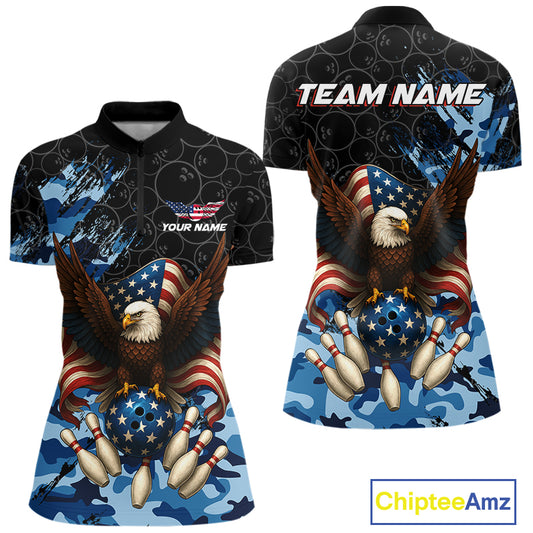 Black and Blue Camo American Flag Eagle Bowling Shirt For Women Custom Patriotic Team Bowling Jersey NQS10644