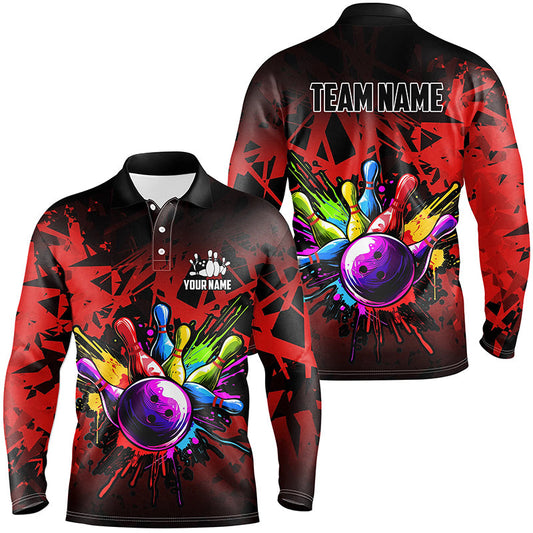 Colorful bowling jerseys Polo, 1/4 Zip Shirt for Men Custom Bowling Team shirts for bowler | Red NQS8257
