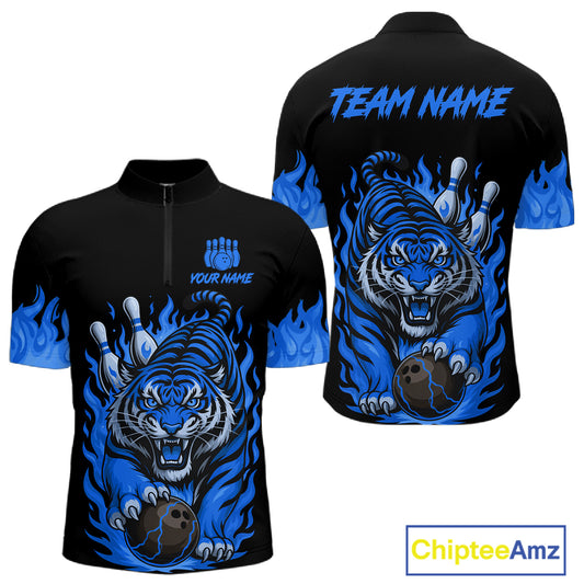 Black and Blue Flame Tiger Bowling Polo, 1/4 Zip Shirts for Men Custom Team Tiger Bowling Jersey NQS11256