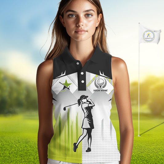 Black and White Women sleeveless polo shirt Custom ladies Golf top, personalized golf gifts | Green NQS10127