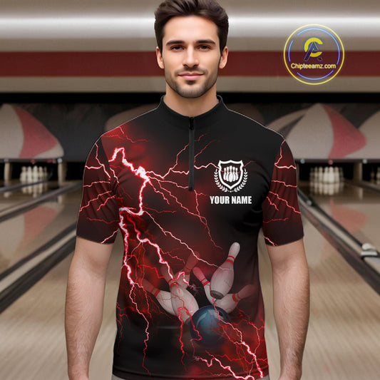 Men's bowling Quarter Zip shirts Custom red lightning thunder Bowling Team Jersey, gift for Bowlers NQS6145
