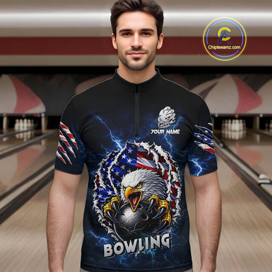 Blue Lightning Thunder US Flag Eagle Bowling Shirts For Men Custom Patriotic Bowling Team Jerseys NQS11749