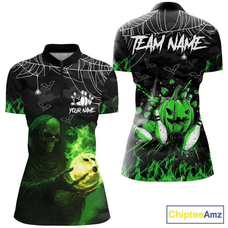 Black Bowling Camo Green flame Skull Custom Halloween Bowling Shirts For Women, Bowling Team Jerseys NQS8500