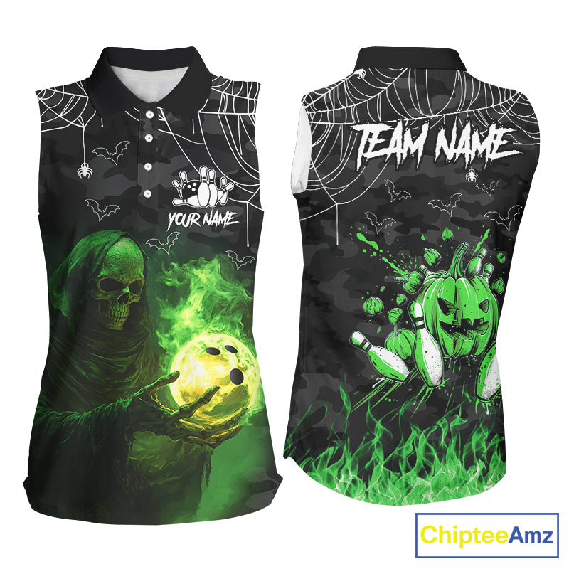 Black Bowling Camo Green flame Skull Custom Halloween sleeveless polo Shirts, Bowling Team Jerseys NQS8500