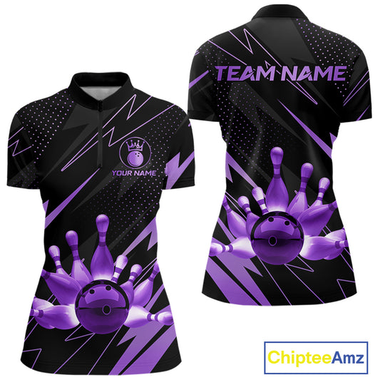 Custom Black and Purple Bowling Polo, Quarter Zip Shirts for Women, Team Bowling League Jersey NQS10894