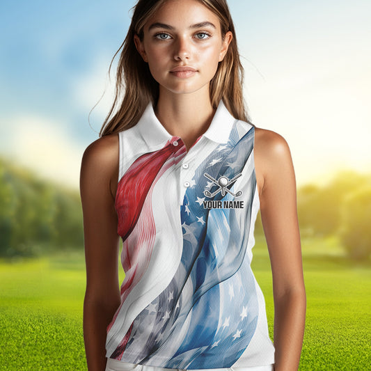 Red, White and Blue American flag Women sleeveless polo shirt Customize patriotic Ladies golf wear NQS9406