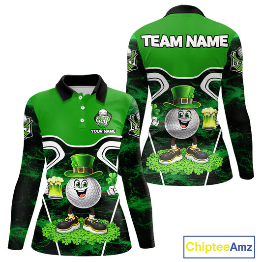 Funny Golf and Beer Green Shamrock Golf shirts for Women Custom St Patrick Team Ladies Golf Jerseys NQS11673