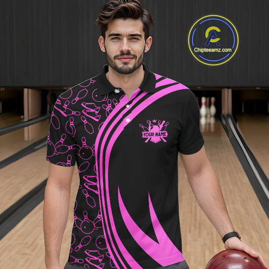 Black Mens bowling shirts Custom Pink neon team league bowling jerseys, gifts for bowlers NQS9984
