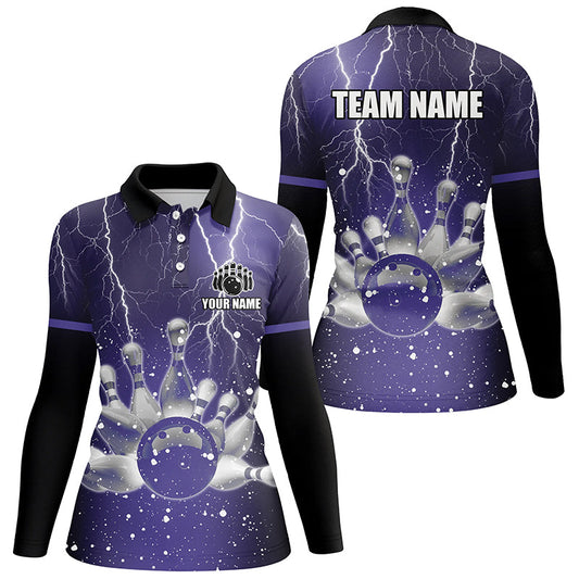 Purple lightning thunder Women Polo, 1/4 Zip Shirts Custom bowling team jerseys, gift for bowlers NQS7865