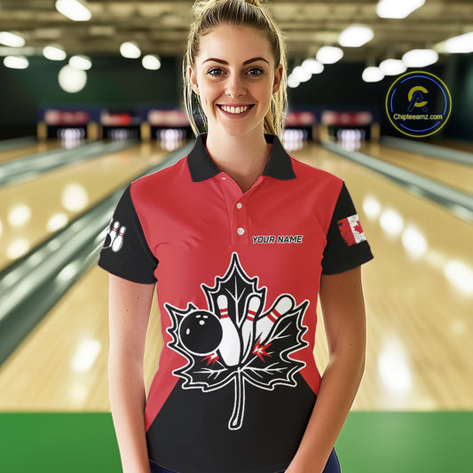 Black and Red maple leaf Women bowling shirts Custom Canadian Flag bowling team jersey, bowlers gifts NQS9992