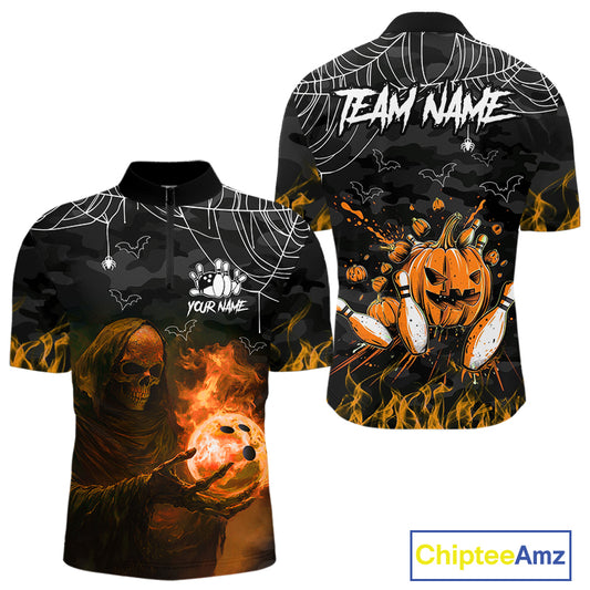 Black Bowling Camo Orange flame Skull Custom Halloween Bowling Shirts For Men, Bowling Team Jerseys NQS10705