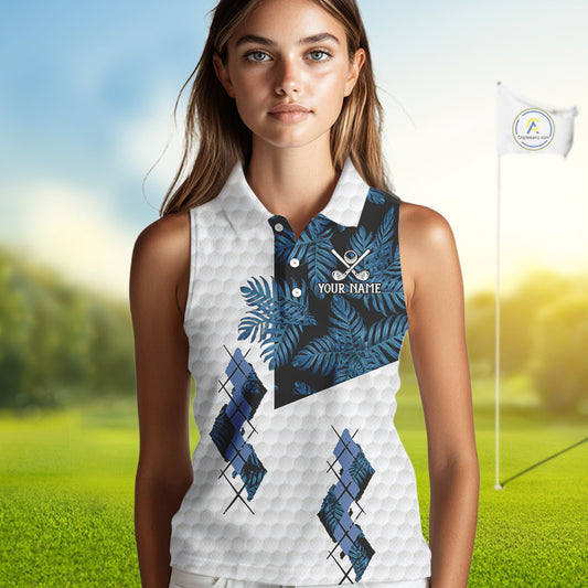 Blue tropical argyle pattern white Women Sleeveless Polo custom ladies golf top, best golf gift NQS10303