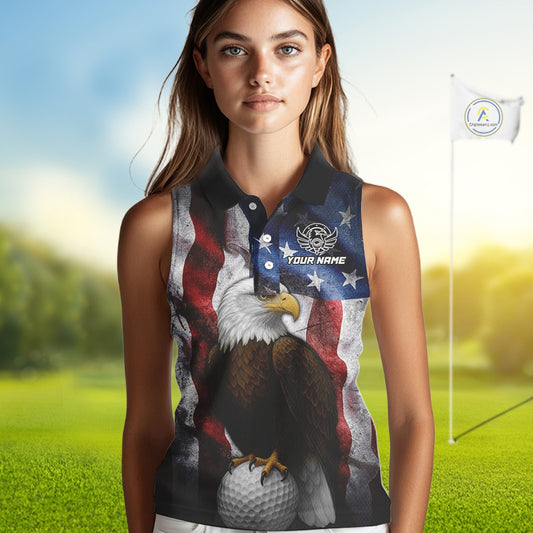Vintage American Flag Eagle Women Sleeveless Polo Shirt custom patriotic golf shirts, best golf gifts NQS10946