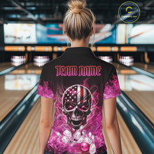 Load image into Gallery viewer, Pink Flame Smoke American Flag Eagle Skull Women Bowling Shirt Custom Patriotic Bowling Team Jersey NQS10527