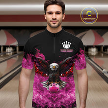 Load image into Gallery viewer, Pink Flame Smoke American Flag Eagle Skull Mens Bowling Shirts Custom Patriotic Bowling Team Jersey NQS10527