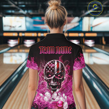 Load image into Gallery viewer, Pink Flame Smoke American Flag Eagle Skull Women Bowling Shirt Custom Patriotic Bowling Team Jersey NQS10527