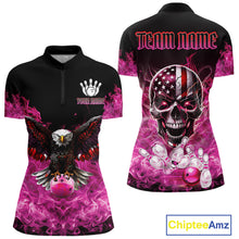Load image into Gallery viewer, Pink Flame Smoke American Flag Eagle Skull Women Bowling Shirt Custom Patriotic Bowling Team Jersey NQS10527