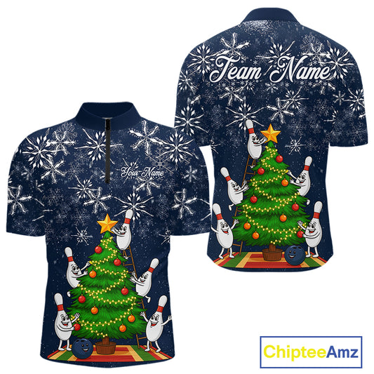 Funny Christmas Tree snowflake Bowling shirts for men Custom Xmas Bowling Outfits Men | Navy NQS10951