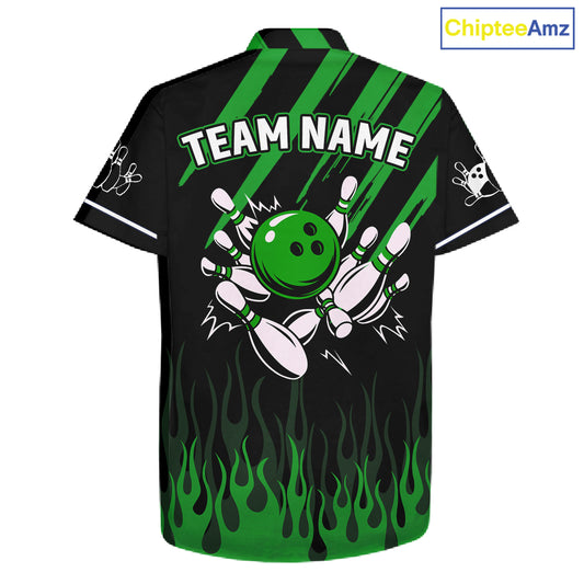 Black and Green Flame Retro Bowling Button-up Shirt Custom Vintage Team Hawaiian Bowling Jersey NQS11677